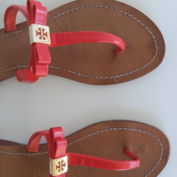 Tory Burch Flat Patent Leather Thong Sandals Women Flip Flop Orange Logo US 7.5 - Picture 3 of 16